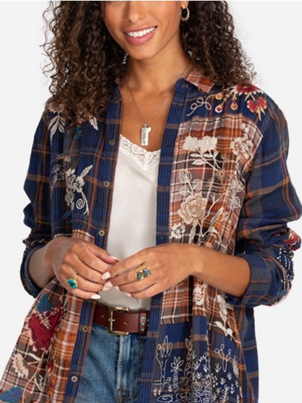 Johnny Was Workshop Freja Plaid Mix Oversize Embroidered Shirt Medium